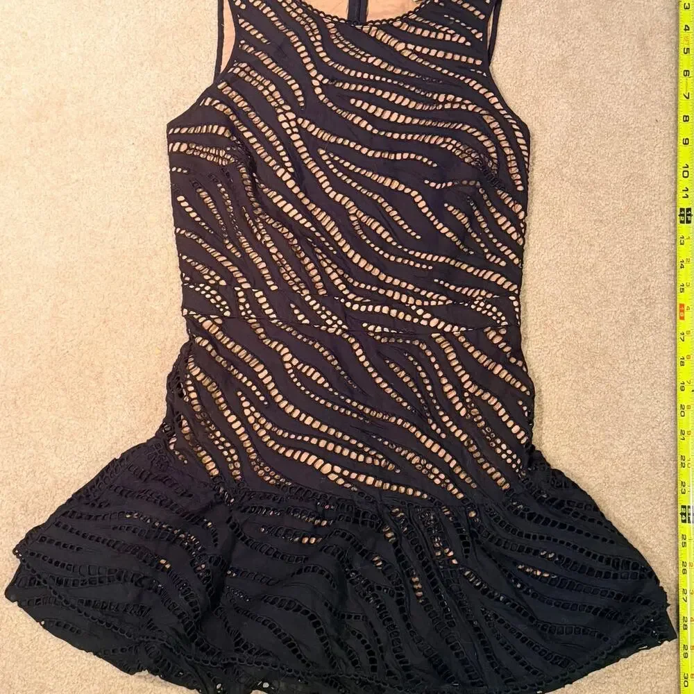 Michael Kors Dress Size 2 Black Zebra Eyelet Cotton Flounce Cutout Mini Nude